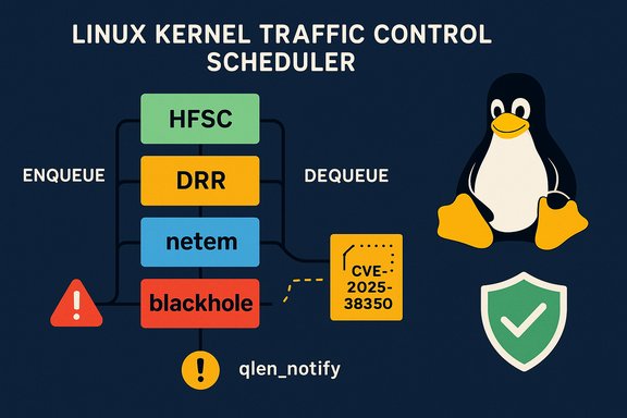 Diagram of Linux kernel traffic control scheduler showing HFSC, DRR, netem, and blackhole.