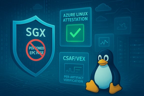 Tech illustration of SGX attestation with Azure Linux Attestation and CSAF/VEX checks, featuring Tux.