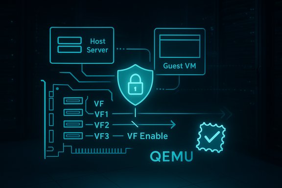Blue neon schematic of virtualization showing host server, guest VM, and QEMU with a security shield.
