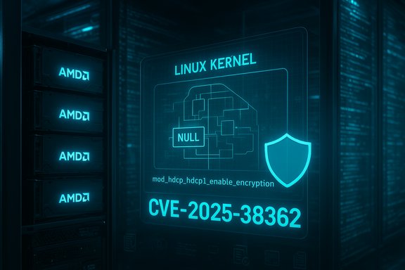 Server rack with AMD hardware displays Linux kernel vulnerability CVE-2025-38362.