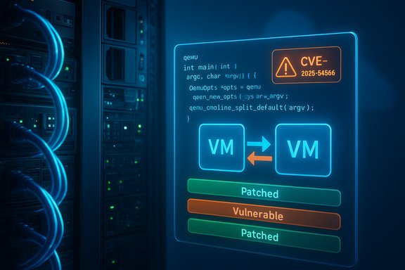 Neon-lit server rack with a display showing VM migration and a CVE alert.