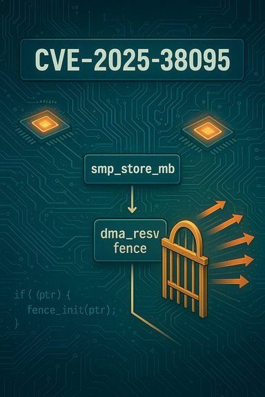 Infographic of CVE-2025-38095 memory-fencing flow (smp_store_mb to dma_resv_fence) on a circuit-board backdrop.