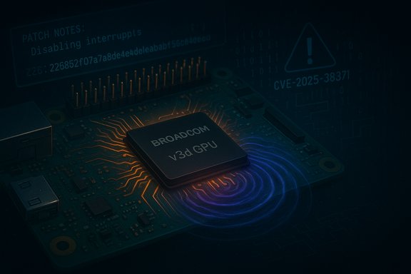Broadcom v3d GPU on a circuit board, bathed in orange circuitry with blue ripple glow.