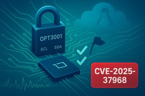 Blue lock on a circuit board highlights the CVE-2025-37968 security vulnerability in cloud/Linux systems.