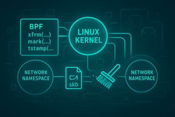 Linux kernel networking diagram showing BPF, xfrm, timestamps, skb, and network namespaces.