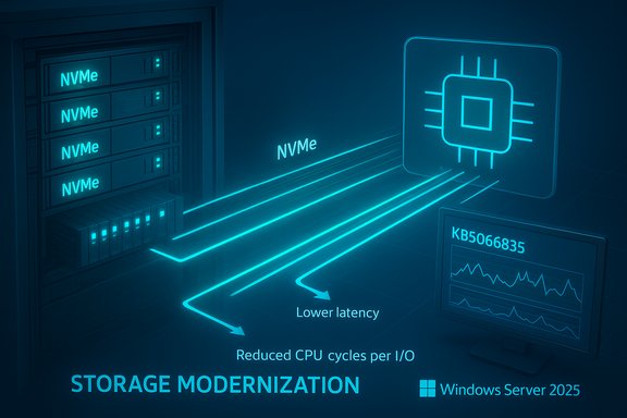 Blue neon data center with NVMe storage racks and a processor icon for Windows Server 2025 storage modernization.