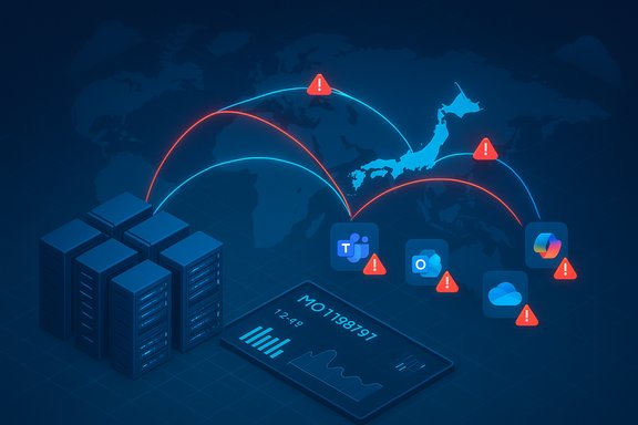Global data centers connect to cloud apps, with red warning icons signaling cyber threats.