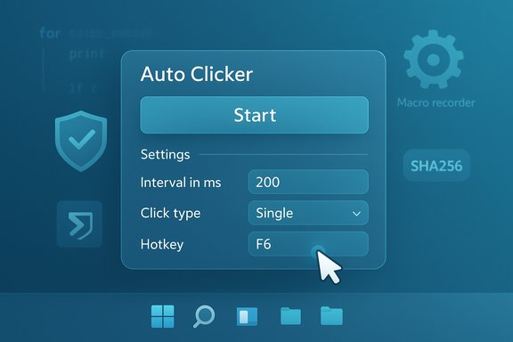 Auto Clicker settings dialog on blue UI, showing Start, 200 ms interval, Single click, F6 hotkey.