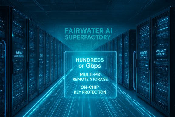 Blue-lit data-center corridor showcasing the Fairwater AI Superfactory and fast storage.