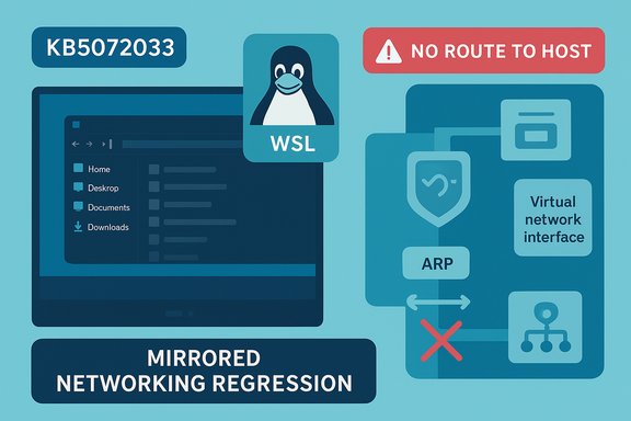 Diagram of mirrored networking regression showing WSL, ARP, and no route to host. Diagram of mirrored networking regression showing WSL, ARP, and no route to host.