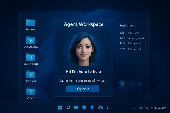 Blue-toned agent workspace UI with a female avatar, consent prompt, and side folders.