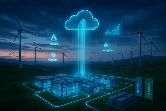 Futuristic cloud data center connected to Azure, Copilot, and AI analytics amid a wind-farm landscape.