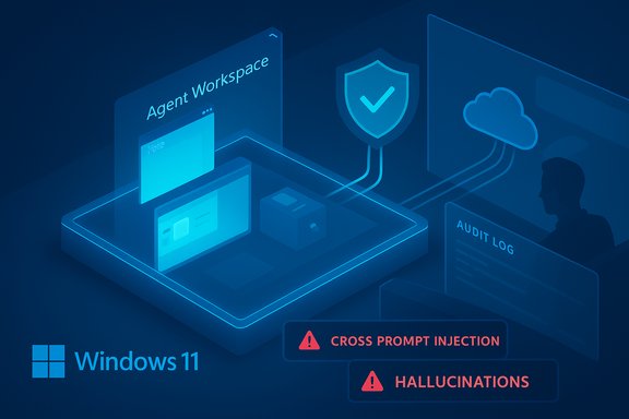 A futuristic Windows 11 security workstation with agent workspace, shield icon, cloud, and audit alerts.