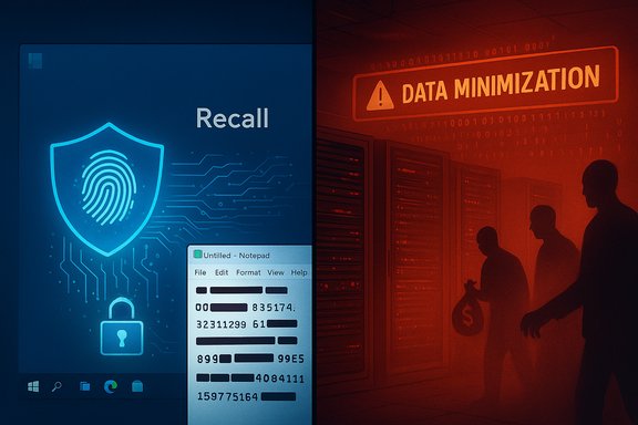 Split-screen image: blue Recall with fingerprint shield on the left, red Data Minimization by servers on the right.