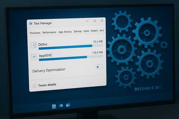 Windows Task Manager showing DoSvc and AppXSVC with progress bars.