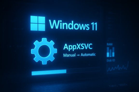 Windows 11 setup screen with a blue gear icon and 'AppXVC' text, showing a progress bar.