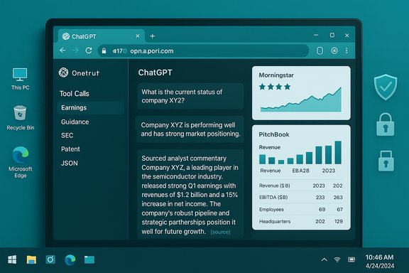 Teal desktop showing a ChatGPT-style finance dashboard with earnings notes and market charts.