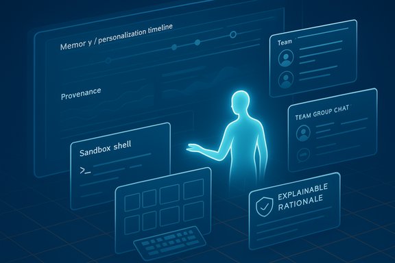 A glowing digital avatar interacts with holographic AI interfaces, including team chat and explainable rationale panels.