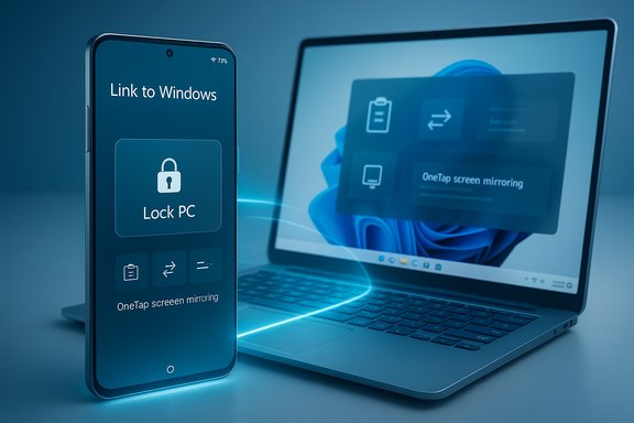 Phone links to Windows PC for lock and OneTap screen mirroring.