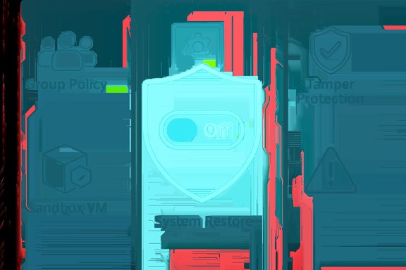 Glowing shield with an 'Off' toggle surrounded by security icons like Group Policy and Tamper Protection.