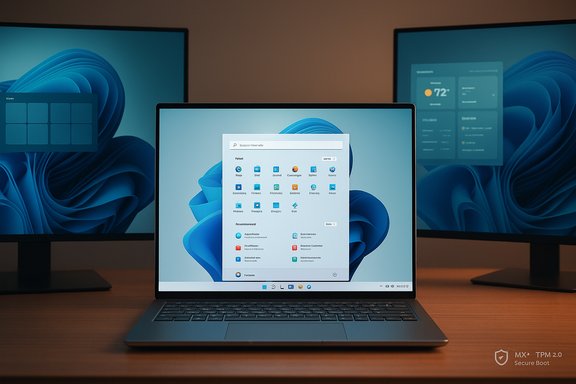 A sleek laptop sits on a wooden desk, flanked by two large monitors displaying blue abstract wallpaper. A sleek laptop sits on a wooden desk, flanked by two large monitors displaying blue abstract wallpaper.