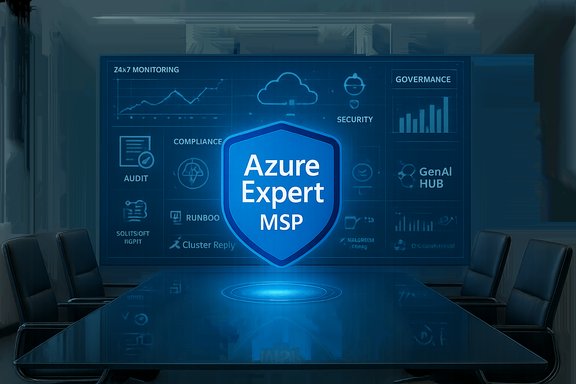 A glowing blue Azure Expert MSP shield is projected in a modern conference room.