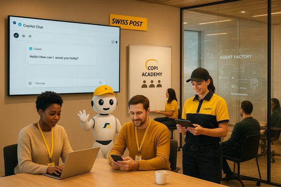 Team at Swiss Post works with Copilot Chat in a modern office, alongside a friendly robot.