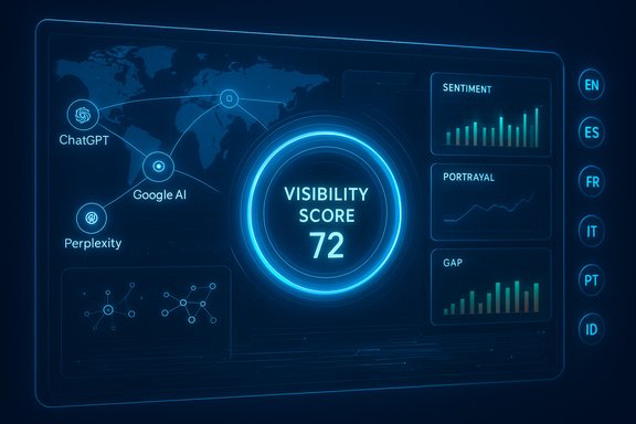 Futuristic dashboard displays a visibility score of 72 with AI networks and analytics.