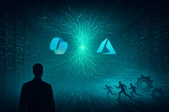 A silhouette confronts a glowing neural-network hub between two tech logos in a data center.