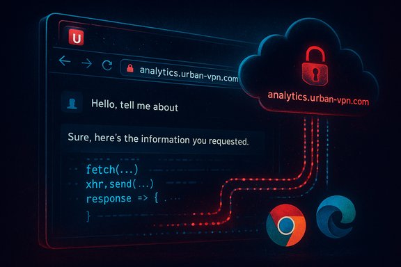 Stylized browser window showing analytics.urban-vpn.com with a red cloud lock and code snippets.
