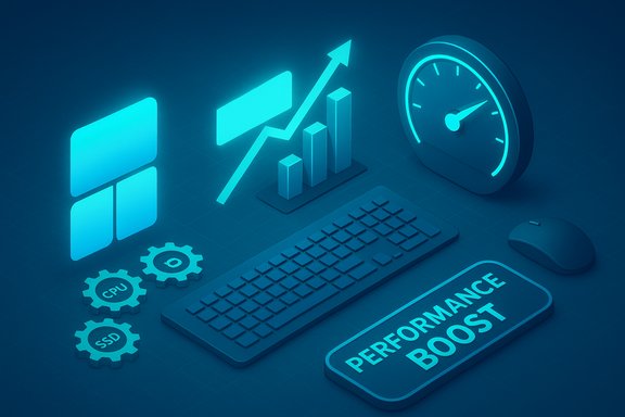 Neon blue tech desk: Windows logo, gears, rising chart, keyboard, mouse, and Performance Boost.
