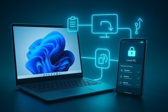 Laptop and smartphone connected by neon security icons, illustrating secure remote access.