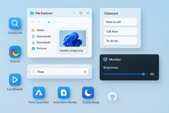 A futuristic desktop UI featuring floating windows, app shortcuts, and a brightness slider.