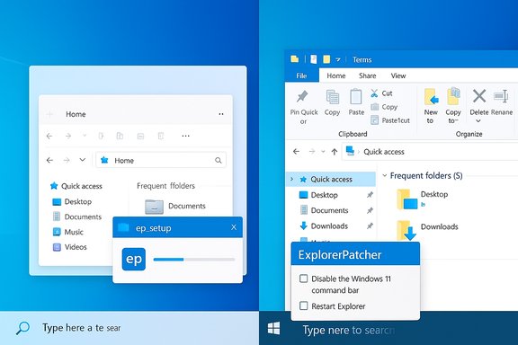 Split-screen Windows desktop: left shows standard File Explorer, right shows patched ExplorerPatcher.
