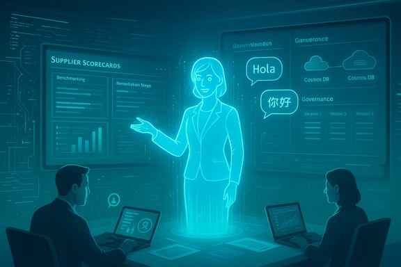 A holographic female presenter explains supplier scorecards to two people at a futuristic data desk. A holographic female presenter explains supplier scorecards to two people at a futuristic data desk.