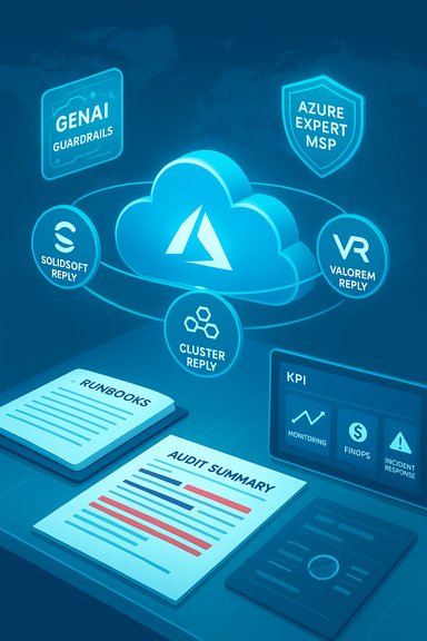 Azure cloud diagram with a central cloud icon and MSP services like guardrails, runbooks, and audit summaries.