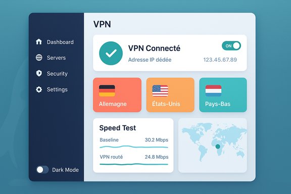 Sleek VPN dashboard UI featuring a side menu, country tiles, and a speed test panel.