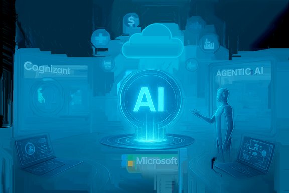 Blue neon AI concept with central AI orb, cloud, and Microsoft branding.