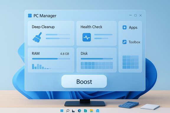 Blue PC Manager dashboard on screen with Boost button, Deep Cleanup, Health Check, RAM, and Disk stats.