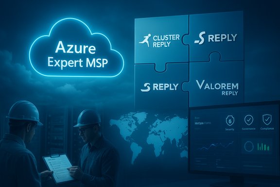 Two engineers review Azure Expert MSP solutions on a blue, cloud-themed wall.