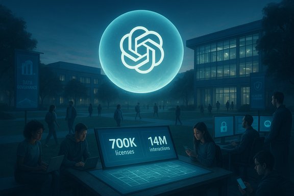Giant glowing orb with a knot logo hovers over a campus data hub showing 700K licenses and 14M interactions.