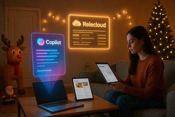 Woman uses tablets and a laptop as glowing Copilot and Relecloud illuminate a cozy holiday living room.