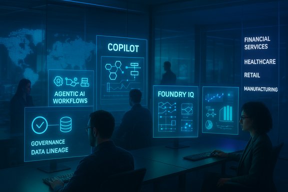 Futuristic control room with holographic AI dashboards and analysts.