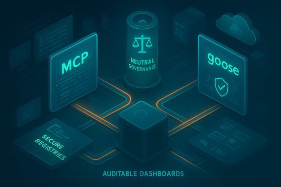 Auditable dashboards showing neutral governance, secure registries, and MCP vs Goose.