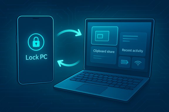 Smartphone displays a 'Lock PC' icon; arrows show secure transfer to a laptop with clipboard share and recent activity.
