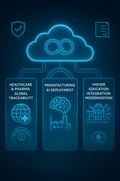 Neon cloud AI diagram linking healthcare traceability, manufacturing AI deployment, and higher education modernization. Neon cloud AI diagram linking healthcare traceability, manufacturing AI deployment, and higher education modernization.