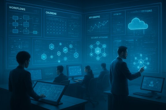 A futuristic operations center with wall-sized screens displaying graphs, cloud icons, and analysts monitoring data.