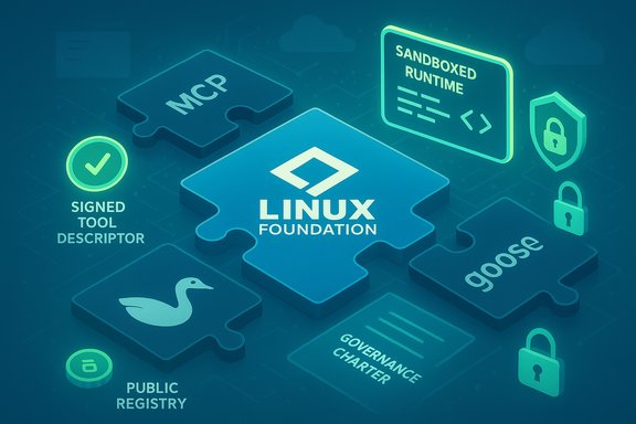 Linux Foundation puzzle: sandboxed runtime, governance charter, signed tool descriptor and security icons.