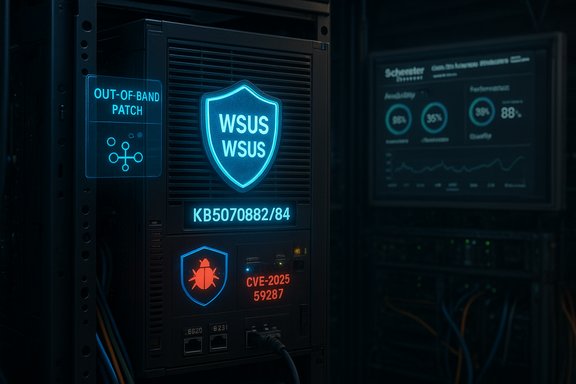 A neon-lit data center server with a glowing WSUS shield and out-of-band patch label.