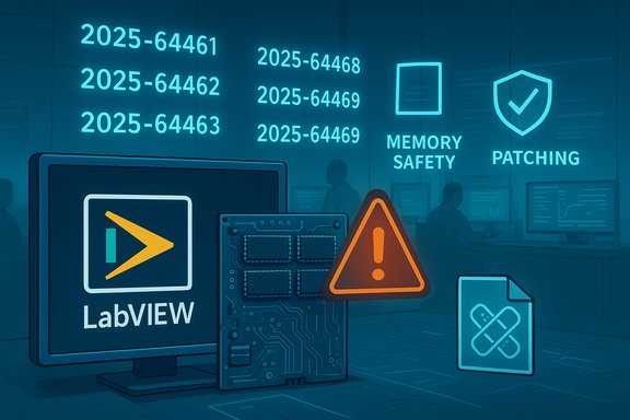 LabVIEW workstation with memory safety and patching icons, warning triangle, and hardware modules.